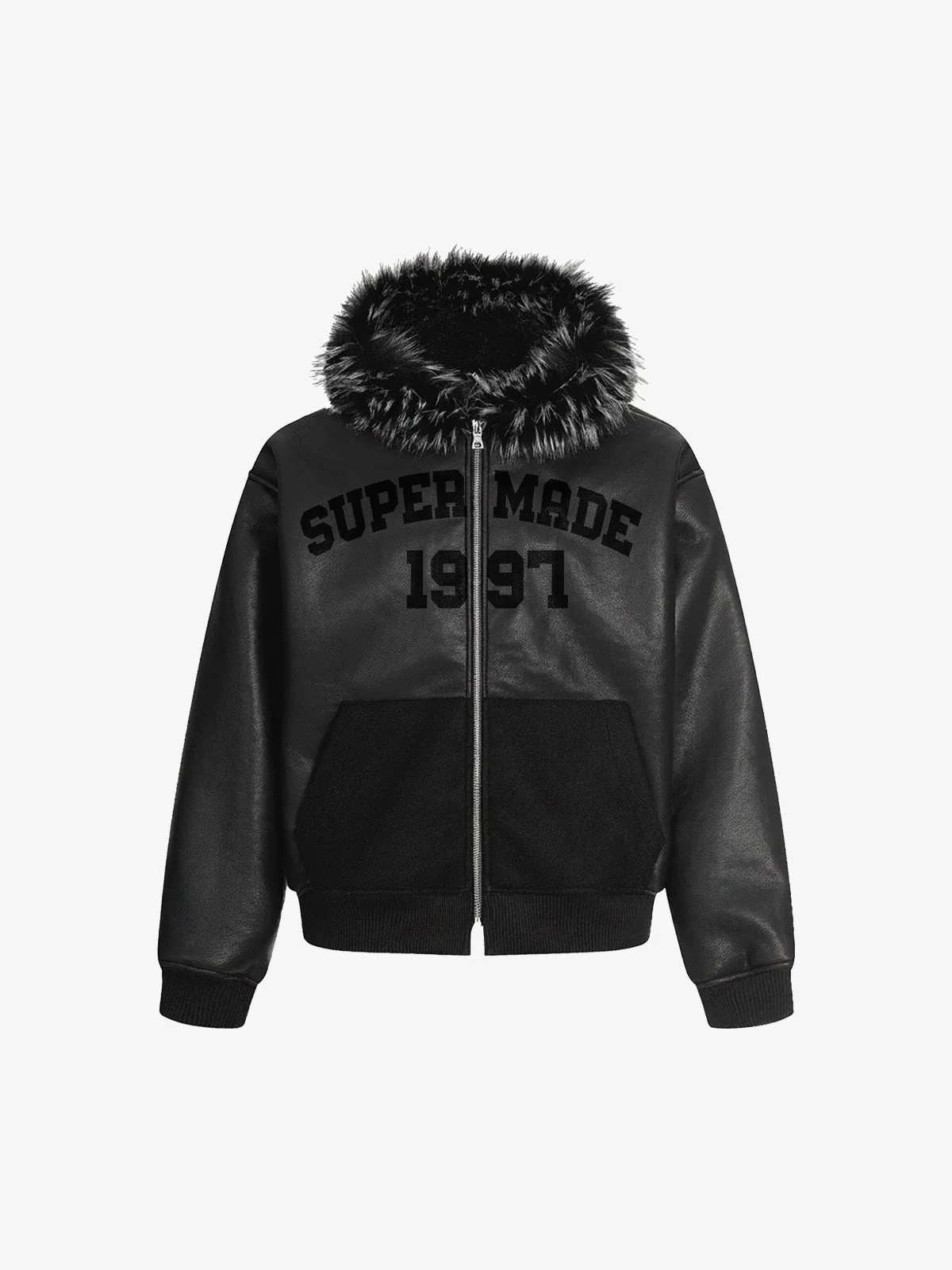 PU Leather Faux Fur Hooded Trim Fleece Spliced Zip Up Jacket