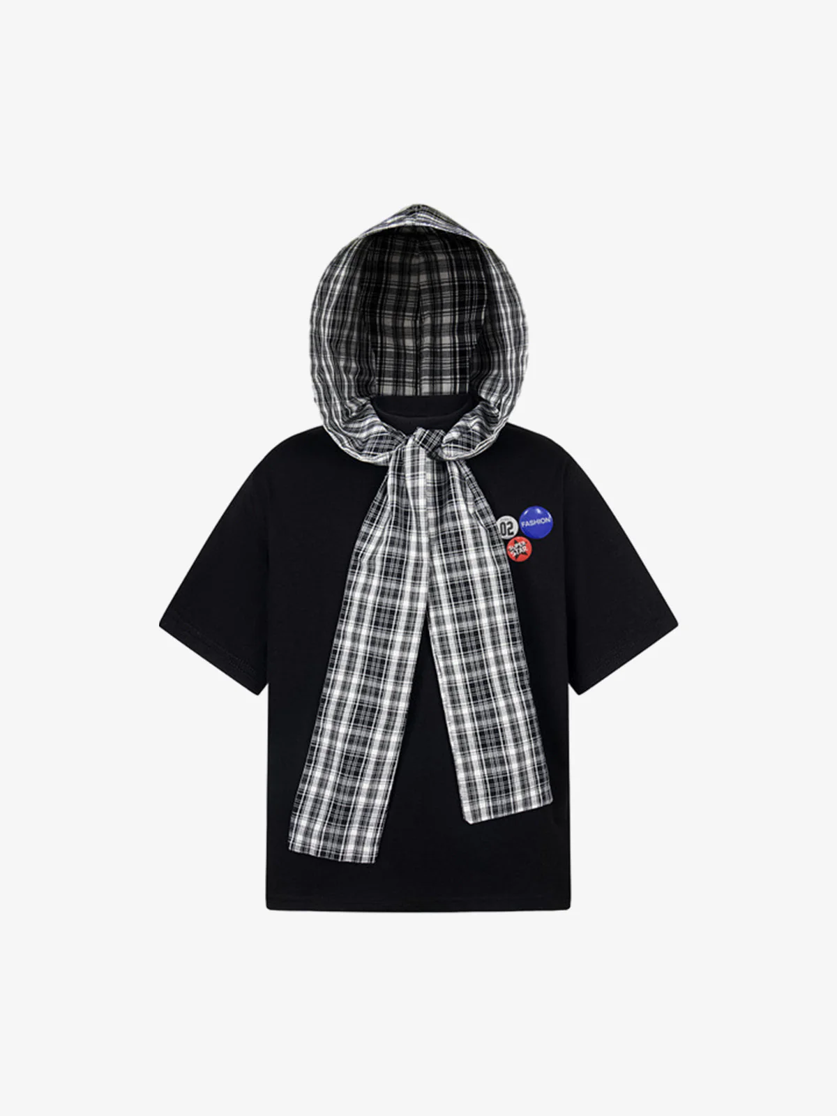 Jersey Knit Detachable Badge Hooded Plaid Cape T-Shirt