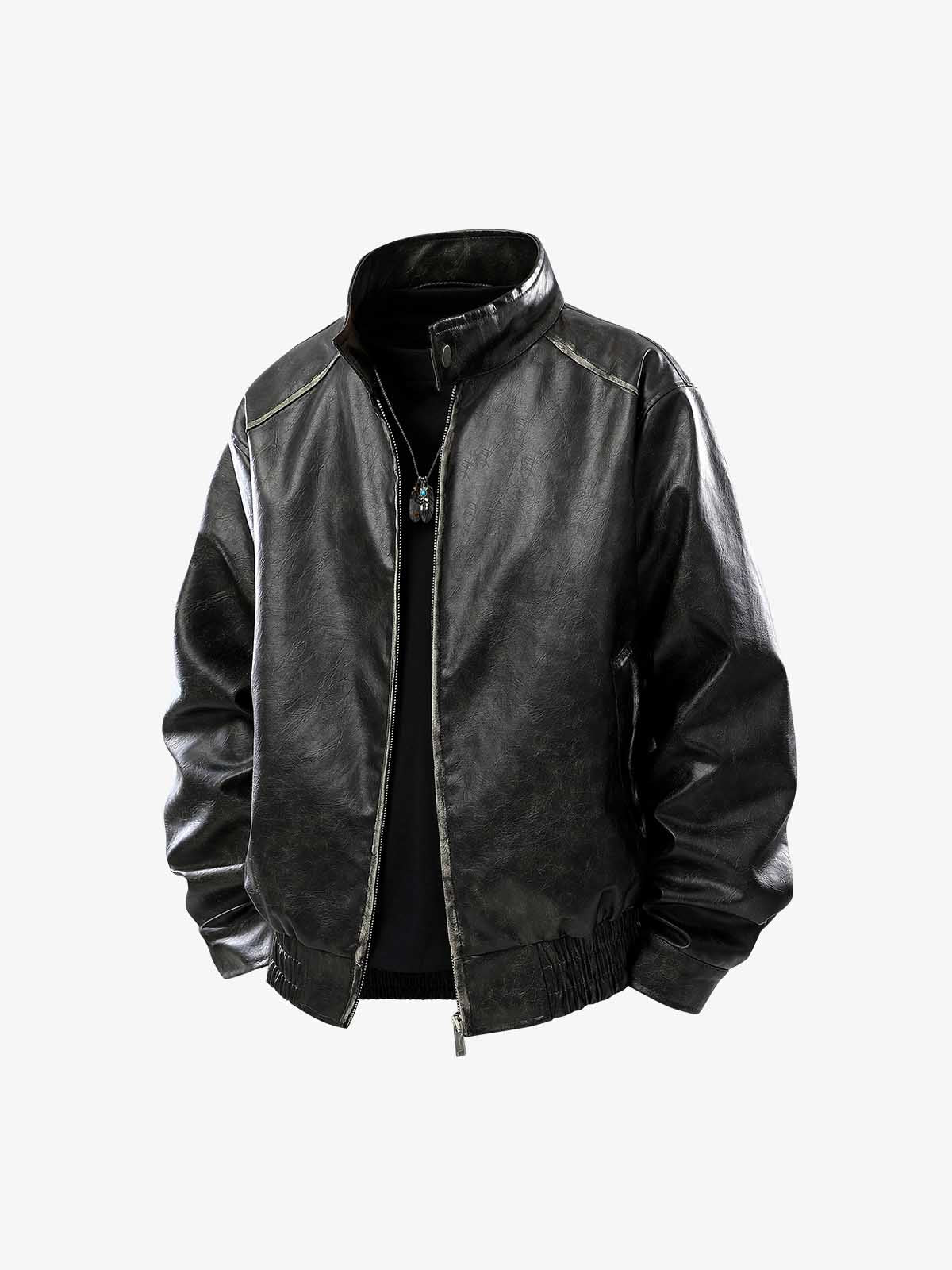 Retro Leather Stand-Collar Elastic Hem Jacket