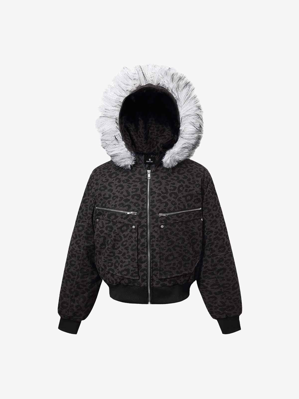 Retro Faux Fur Trimmed Hood Leopard Print Bomber Jacket