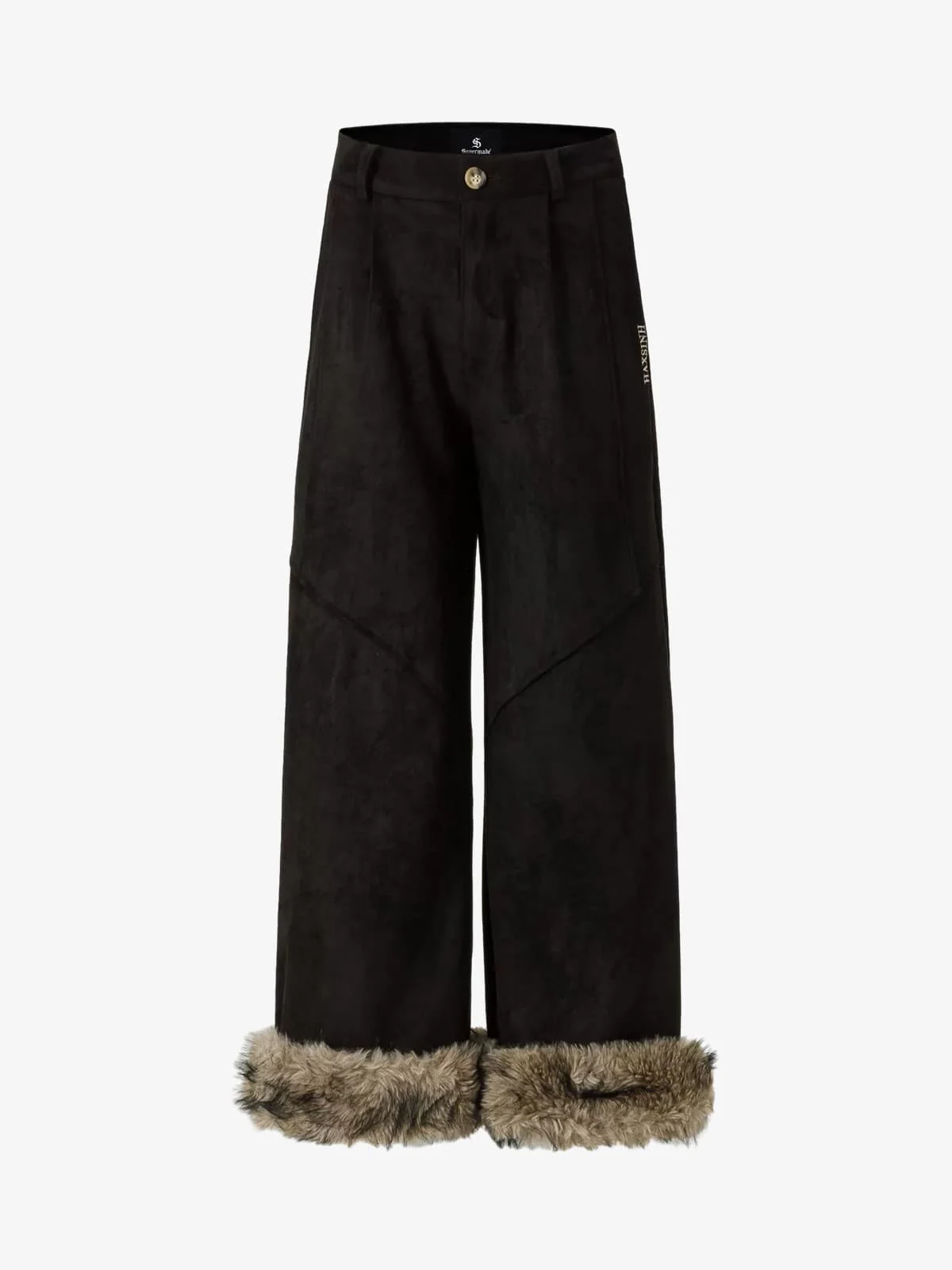 Retro Faux Fur Hem Wide-Leg Pants