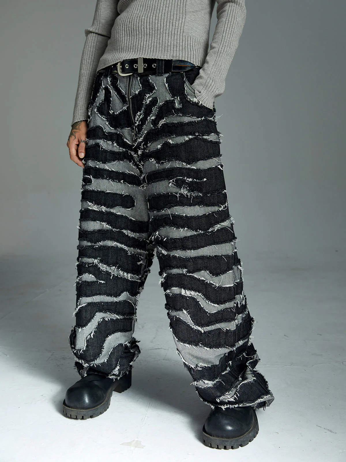 Frayed Zebra Striped Patchwork Wide Leg Jeans