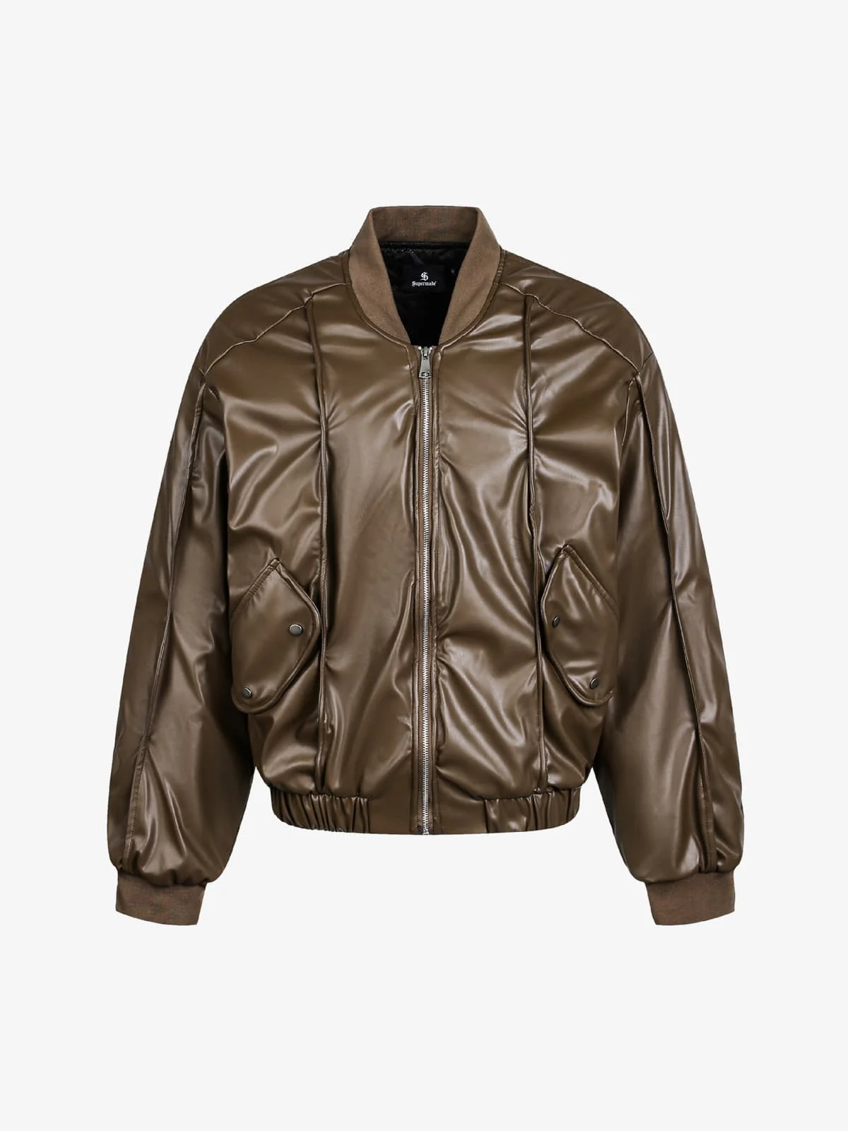 Retro Brown Faux Leather Zip-Up Bomber Jacket