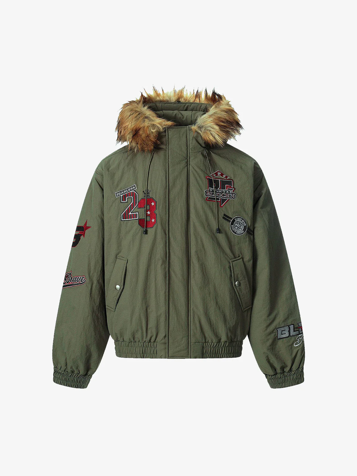 Retro Badge Embroidered Fur Collar Bomber Jacket
