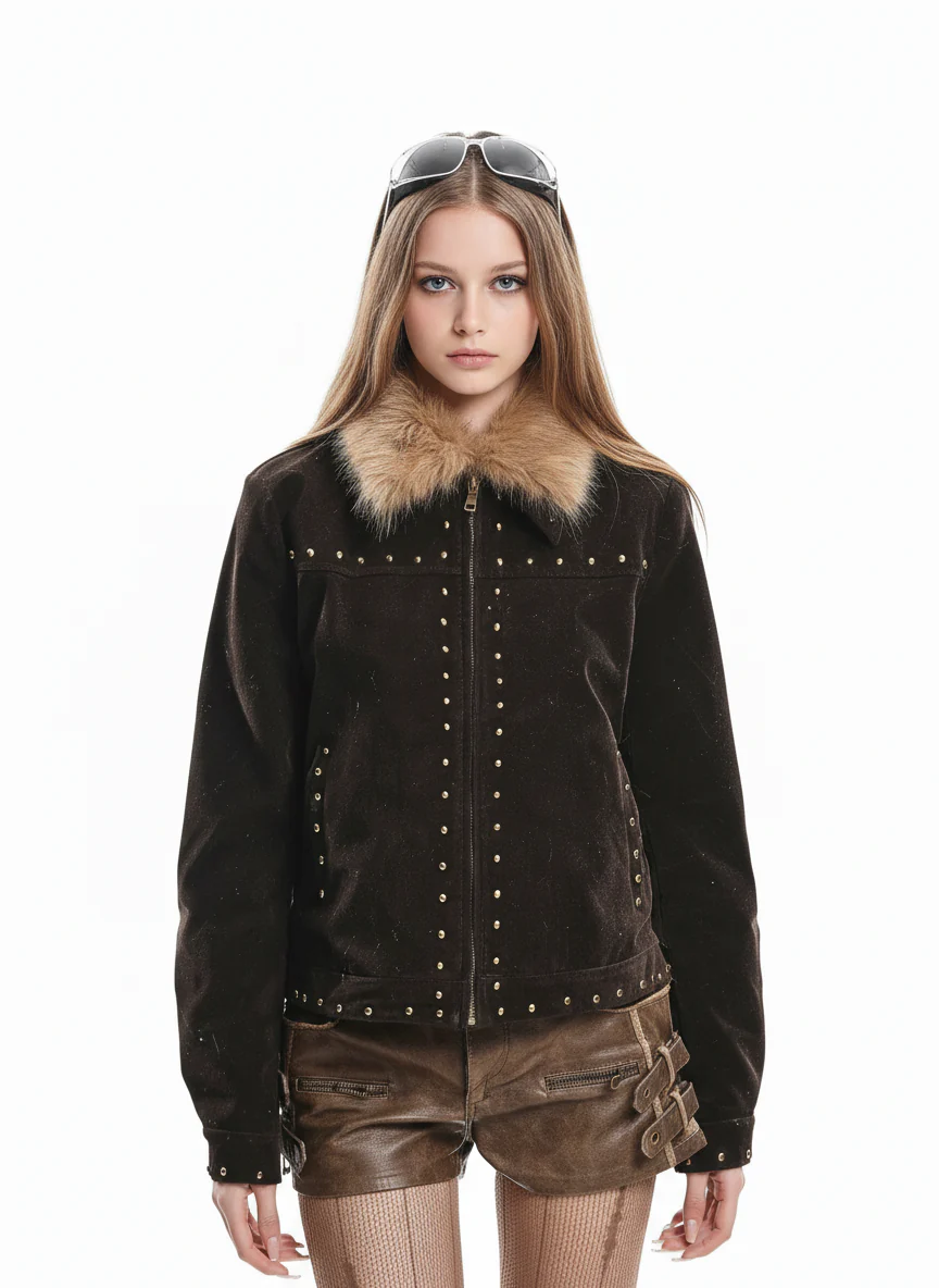 Vintage Suede Studded Faux Fur Collar Jacket