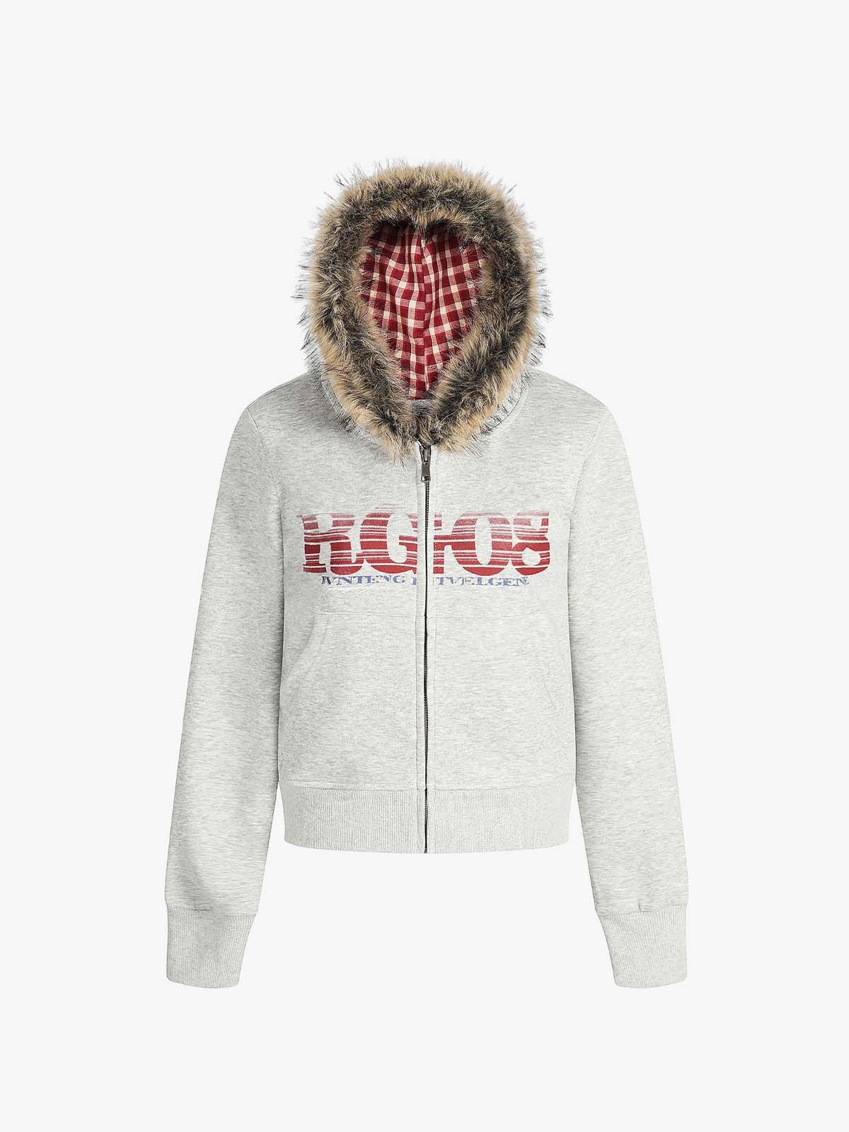 American Retro Gradient Letter Print Splicing Cardigan Fur Collar Coat