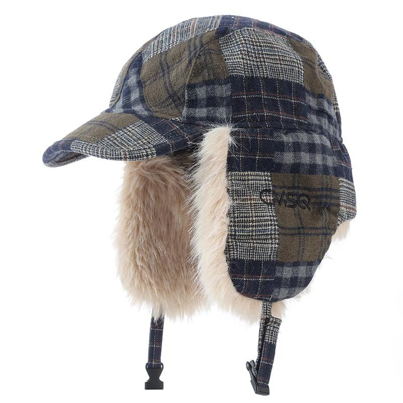 Vintage Plaid Patchwork Fleece Lined Trapper Hat