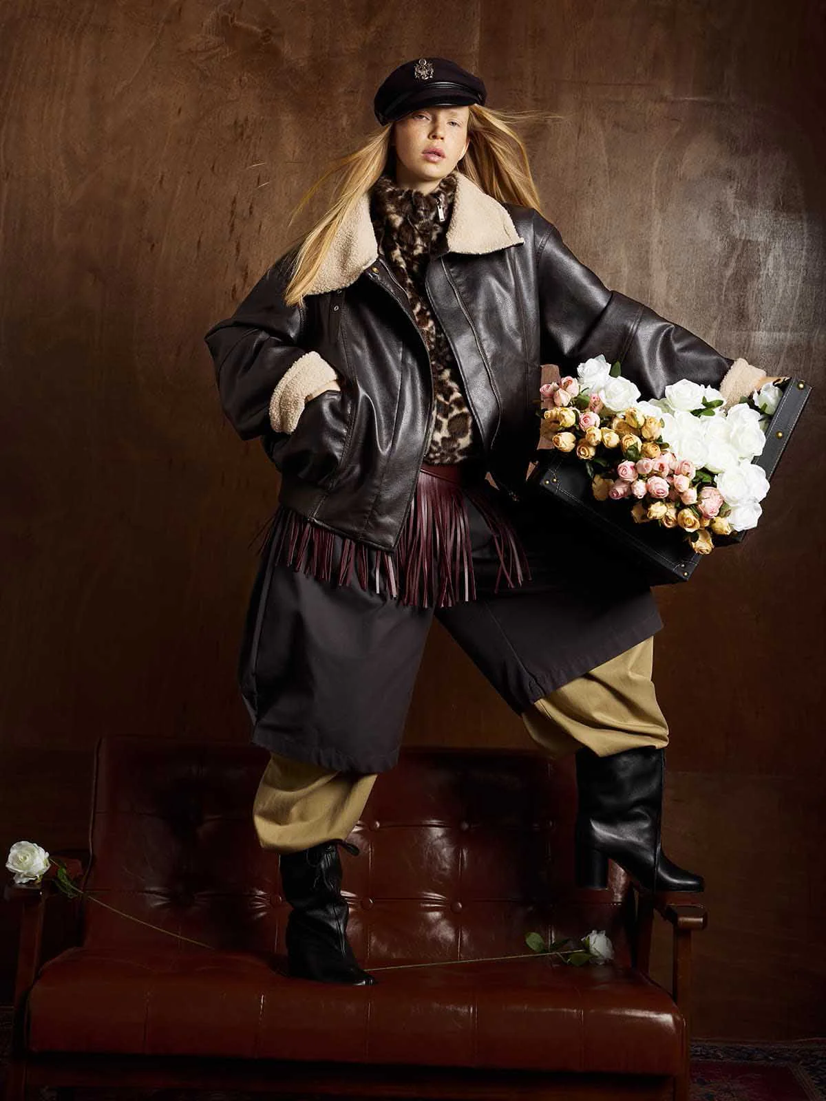 Vintage Shearling Collar Quilted Leather Jacket