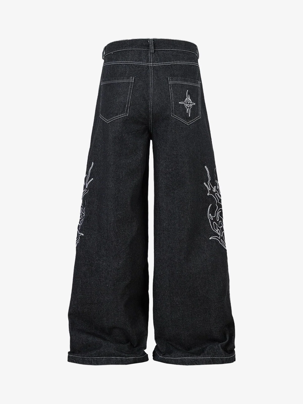 Denim Embroidered Flame Baggy Jeans - 2456