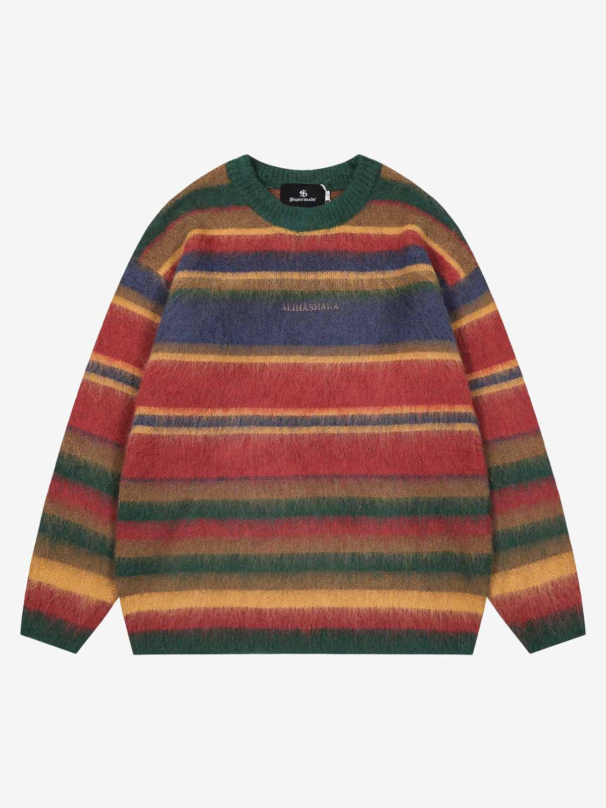 Vintage Fuzzy Striped Color-Block Knit Sweater