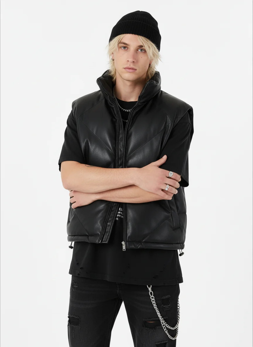 Minimalist Faux Leather Stand Collar Puffer Vest