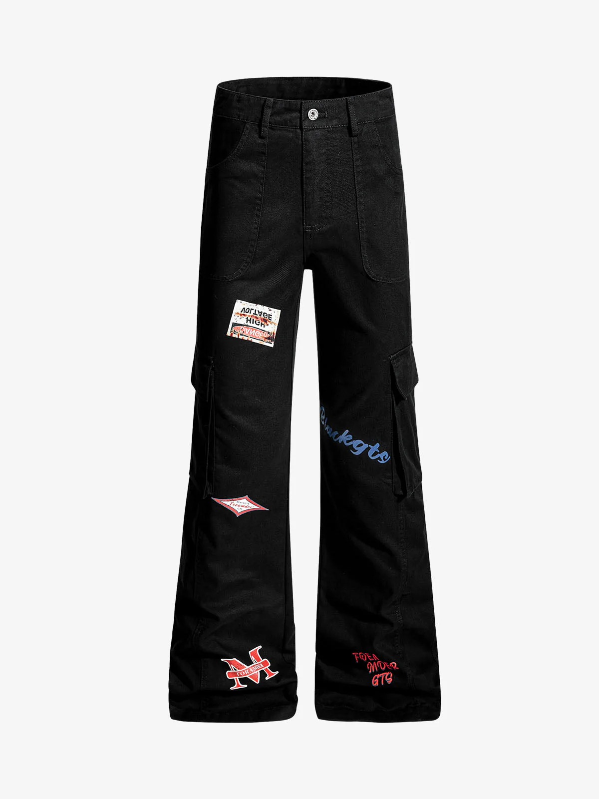 Retro Patchwork Graphic Multi-Pocket Flared Cargo Pants