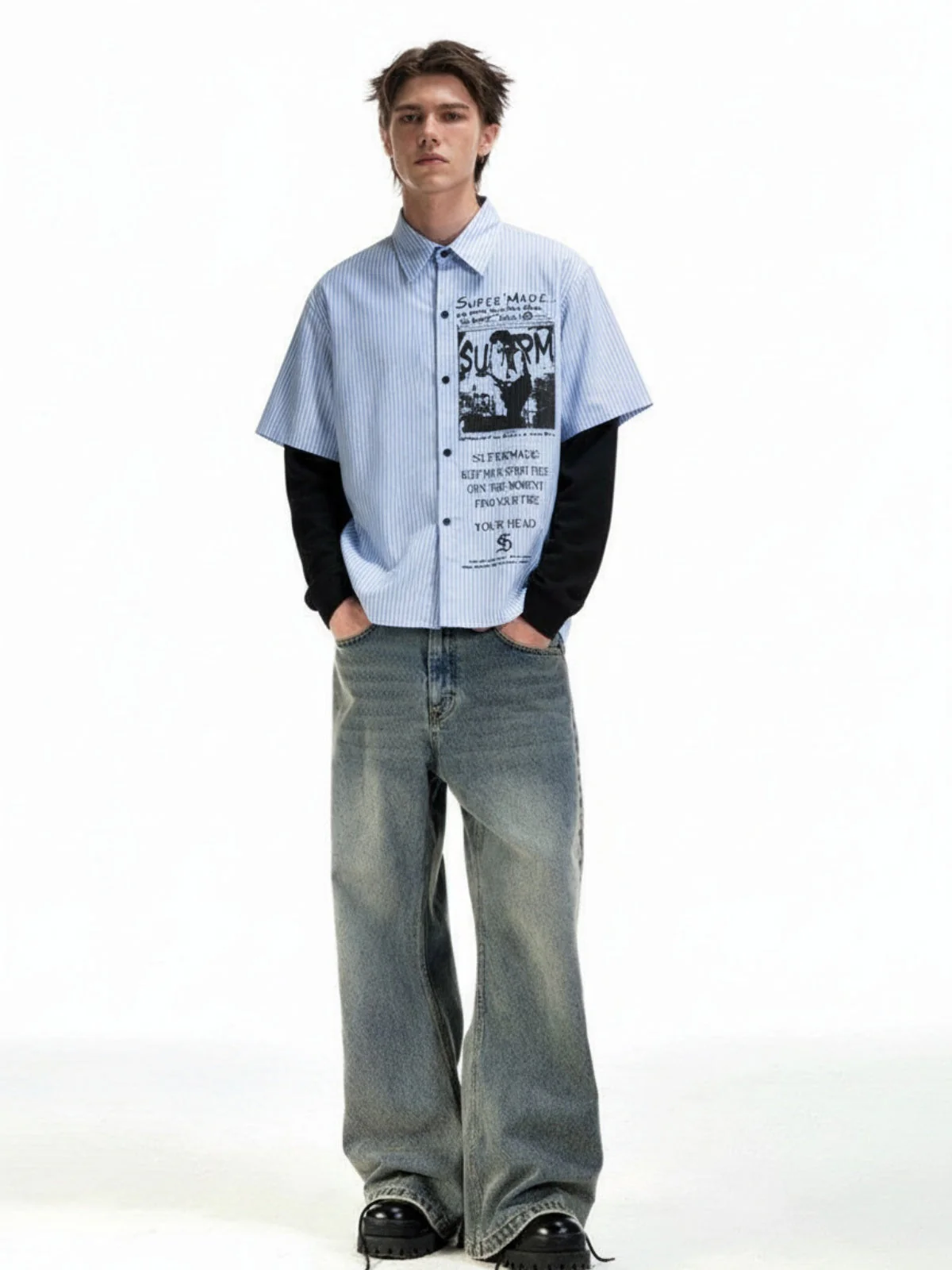 Vintage Illustration Striped Faux Two-Piece Shirt