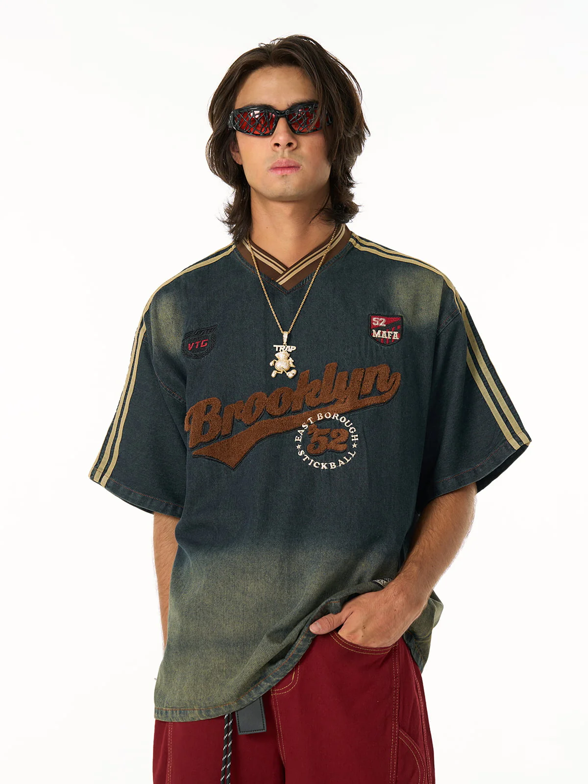 Denim Vintage Washed Distressed Gradient Embroidery T-Shirt