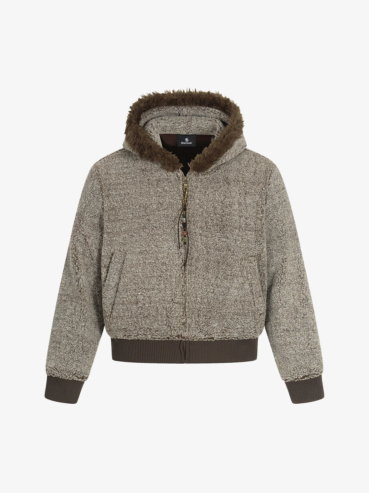 Vintage Faux Shearling Hooded Fleece Zip Up Bomber Jacket