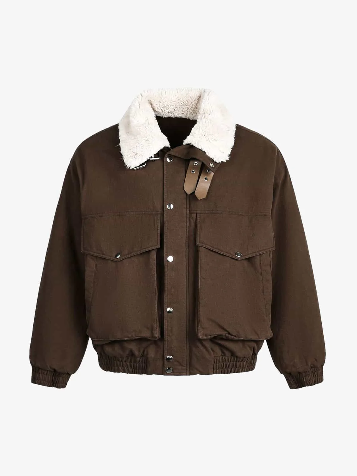 Retro Brown Corduroy Faux Fur Collar Buckle Bomber Jacket