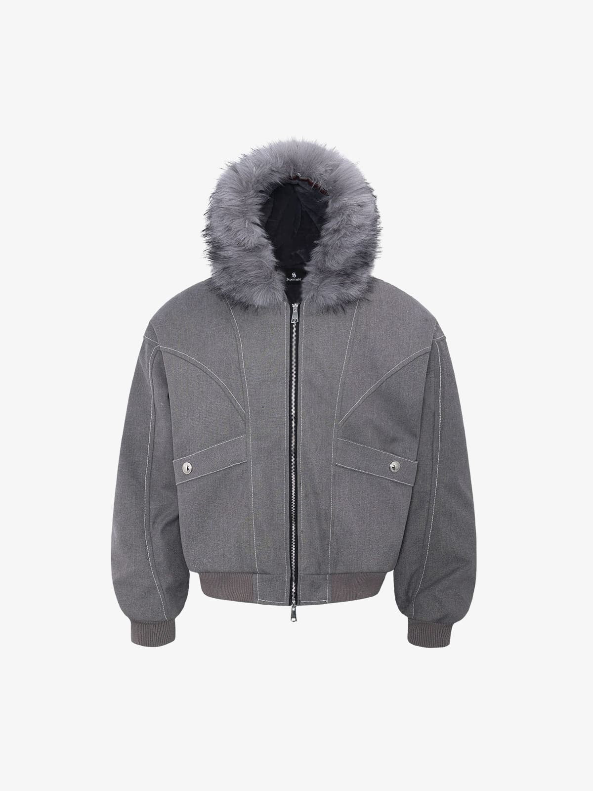 Retro Detachable Faux Fur Hood Zip-Up Bomber Jacket