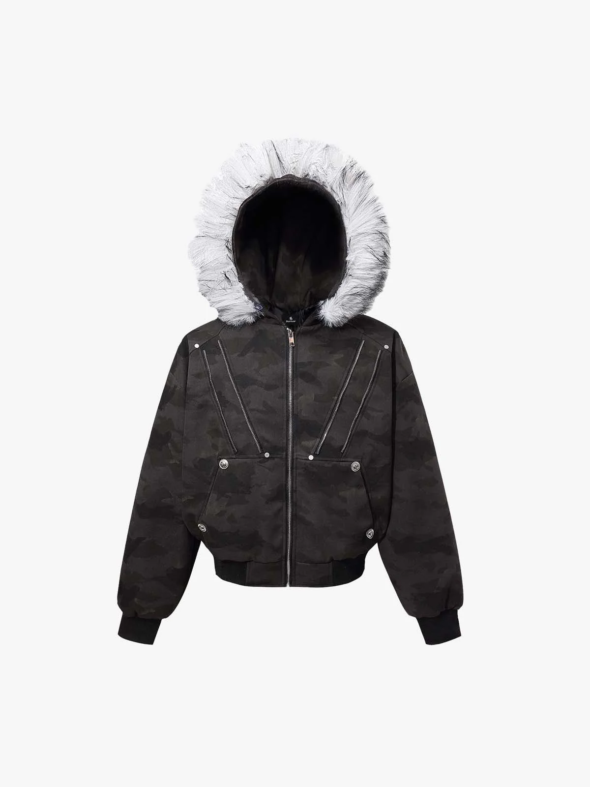 Camoflage Faux Fur Collar Zip Design Bomber Jacket