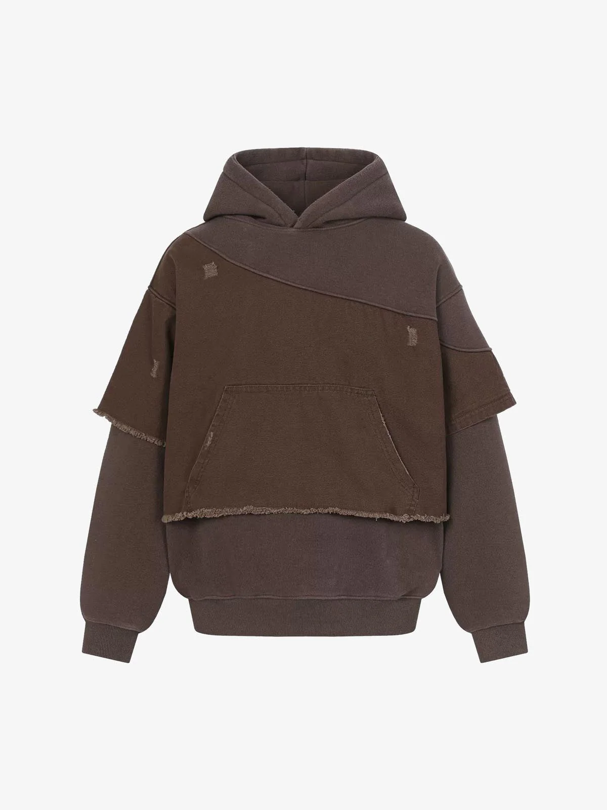 Distressed Patchwork Raw-Edge Layered-Hem Fleece Hoodie