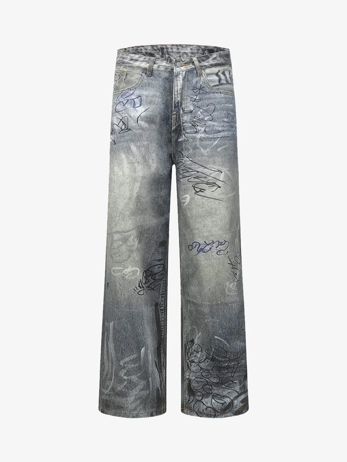 Vintage Graffiti Scribble Wash Straight Leg Jeans
