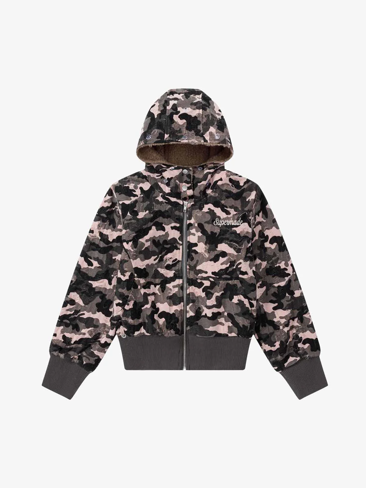 Camo Sherpa-Lined Detachable-Collar Fleece Hooded Jacket