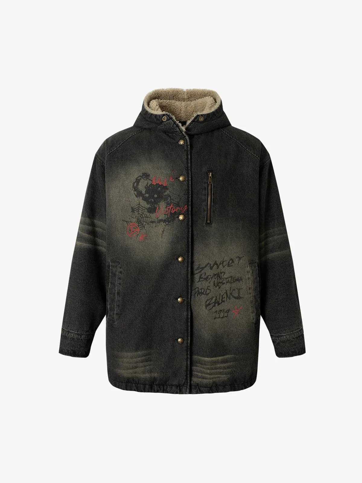 Distressed Graffiti Washed Long Lamb Fleece Denim Cotton Jacket