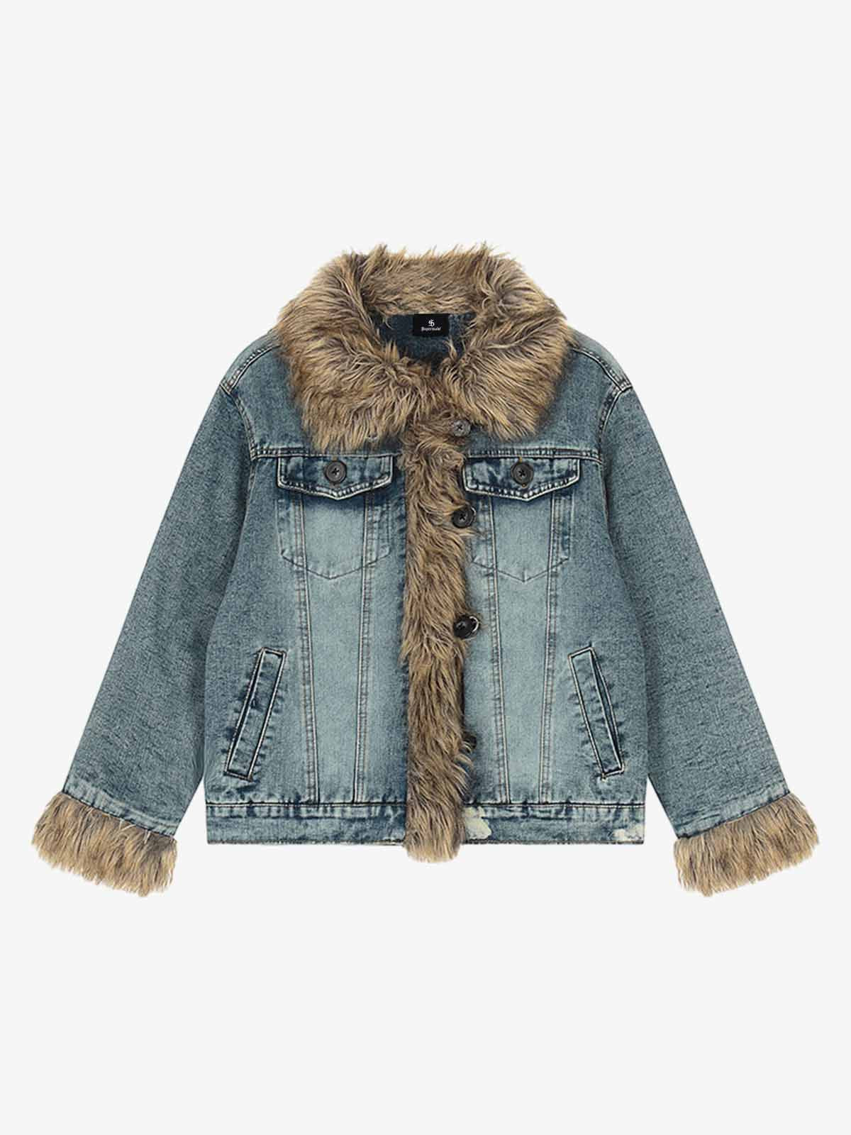 Vintage Faux Fur Trim Washed Padded Denim Jacket