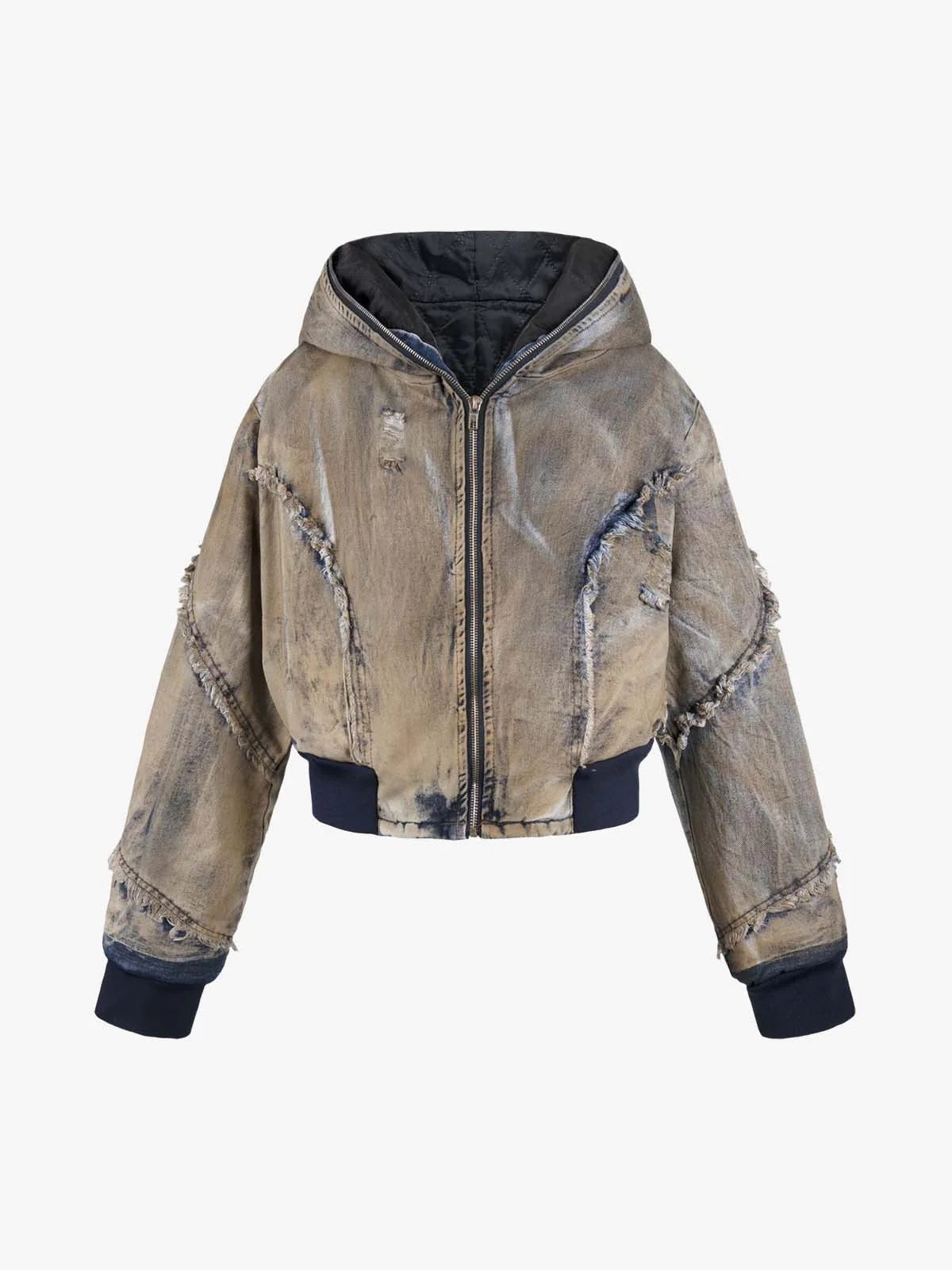 Distressed Mud-Dyed Frayed Edge Denim Bomber Jacket