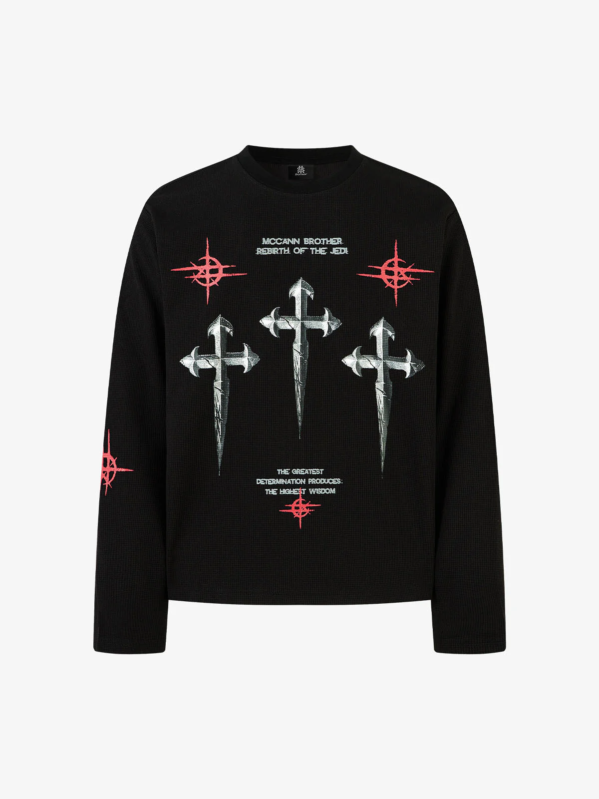 Letter Print Waffle Cross Long-Sleeved T-Shirt