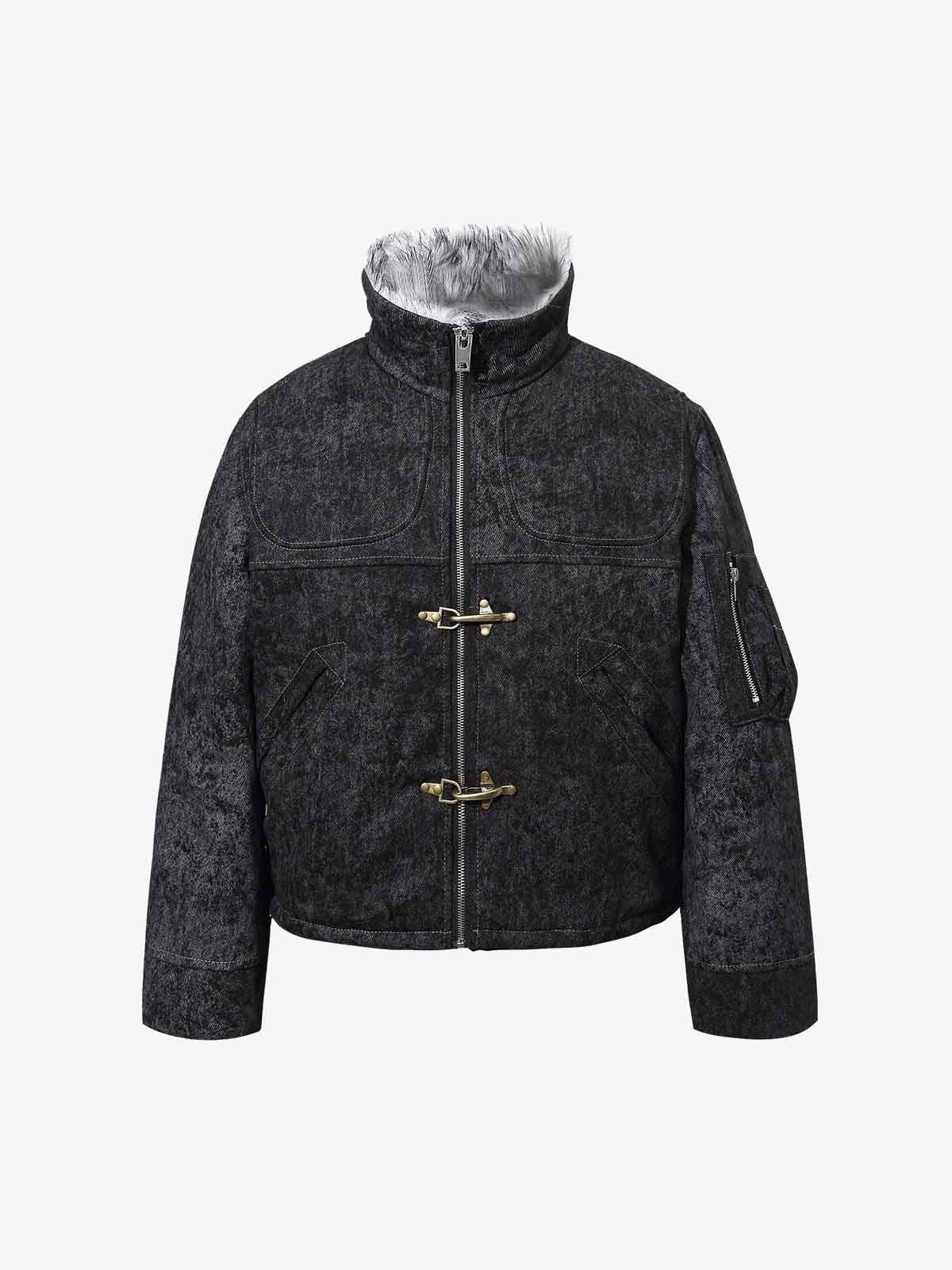 Vintage Metal Buckle Faux Fur Trim Padded Denim Jacket