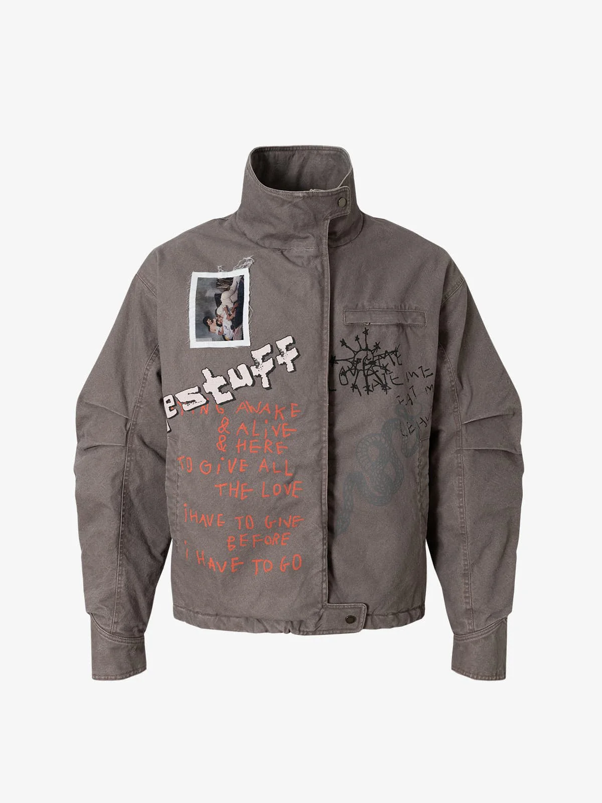 Street Graffiti Distressed High-Neck Padded Cotton Jacket