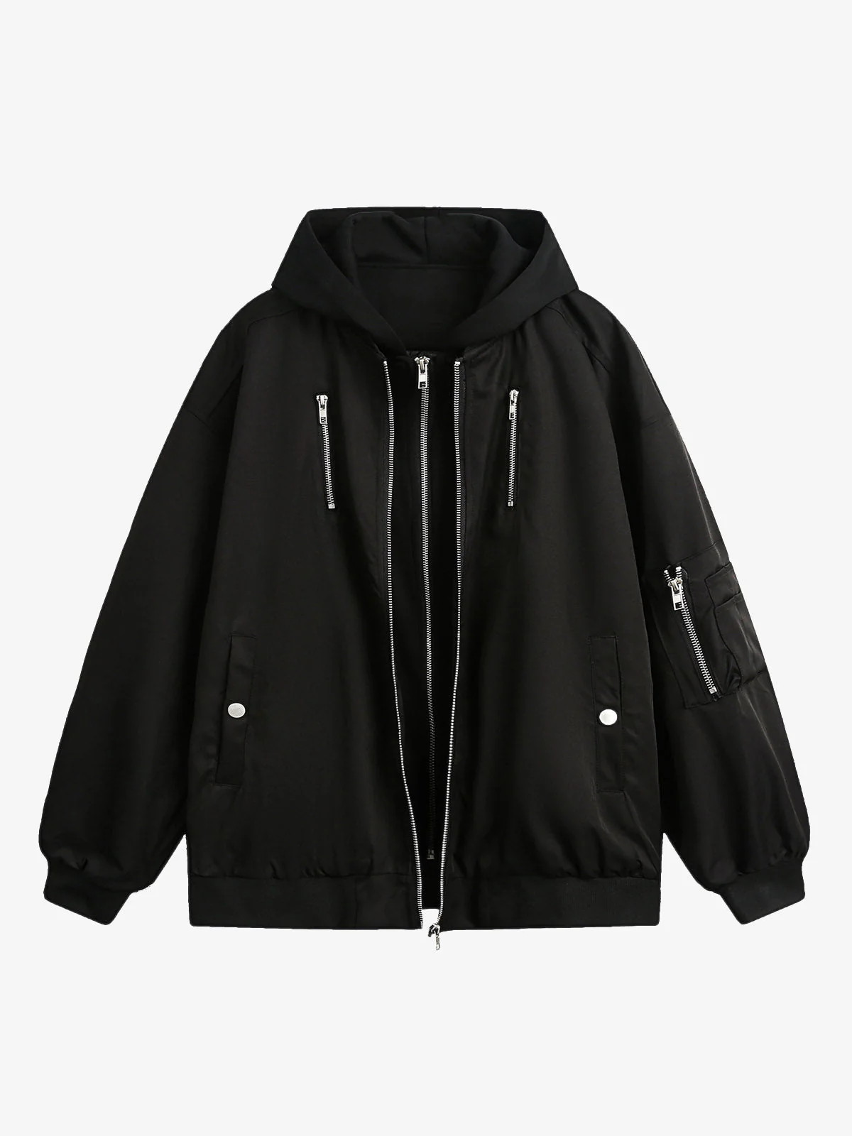 Faux Two-Piece Multi Pocket Spliced Hooded Bomber Jacket