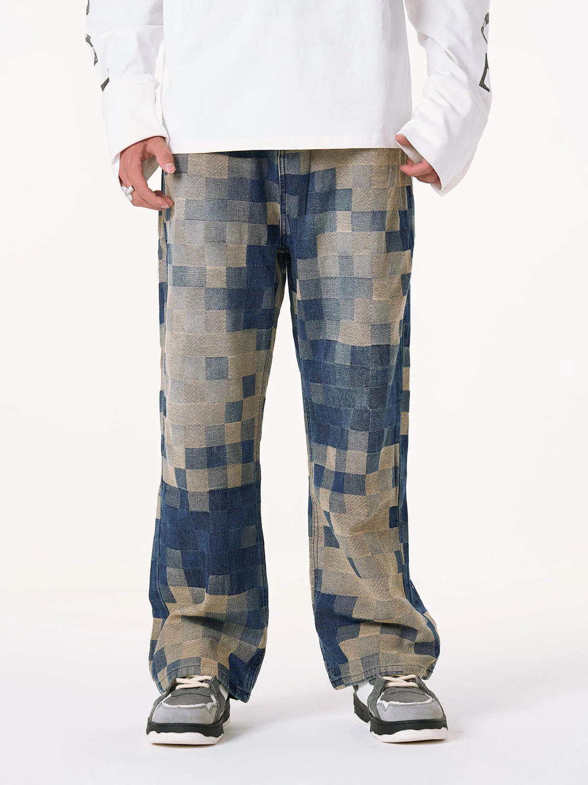 Checkerboard Jacquard Wide Leg Jeans - 2193
