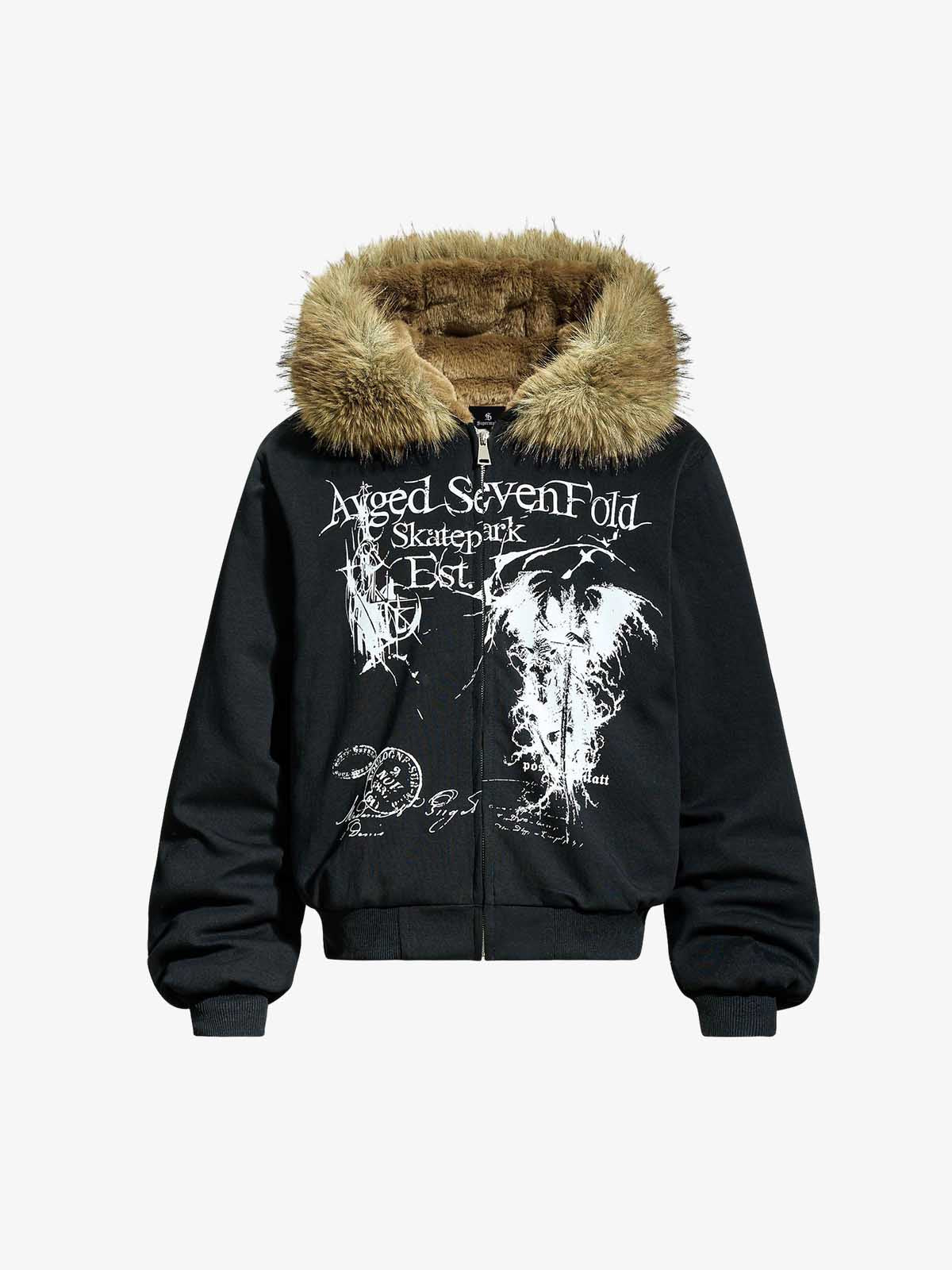 Detachable Fur Collar Gothic Graphic Fleece Lined Zip Up Hooded Jacket