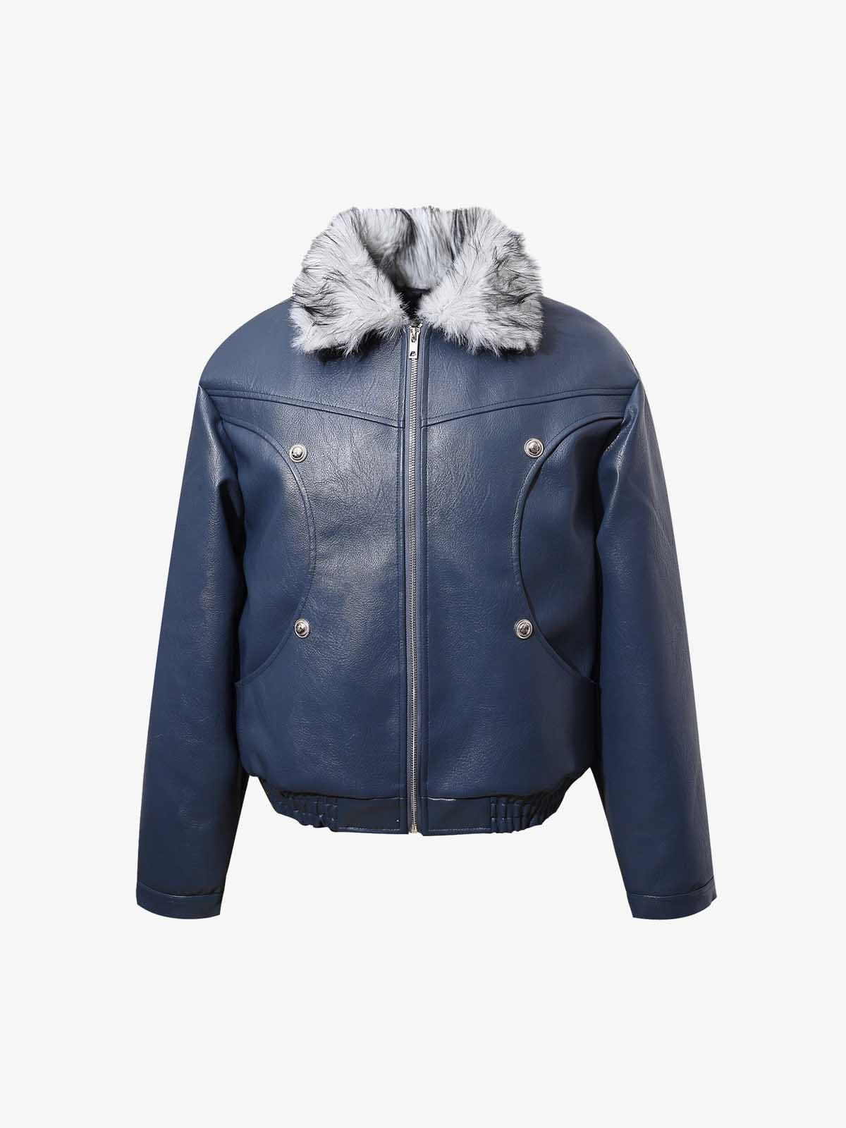 Street Fur-Trim Collar Leather Bomber Jacket
