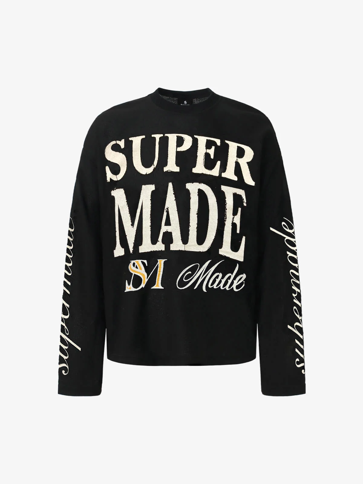 Retro Letter Print Waffle Simplicity Long-Sleeved T-Shirt