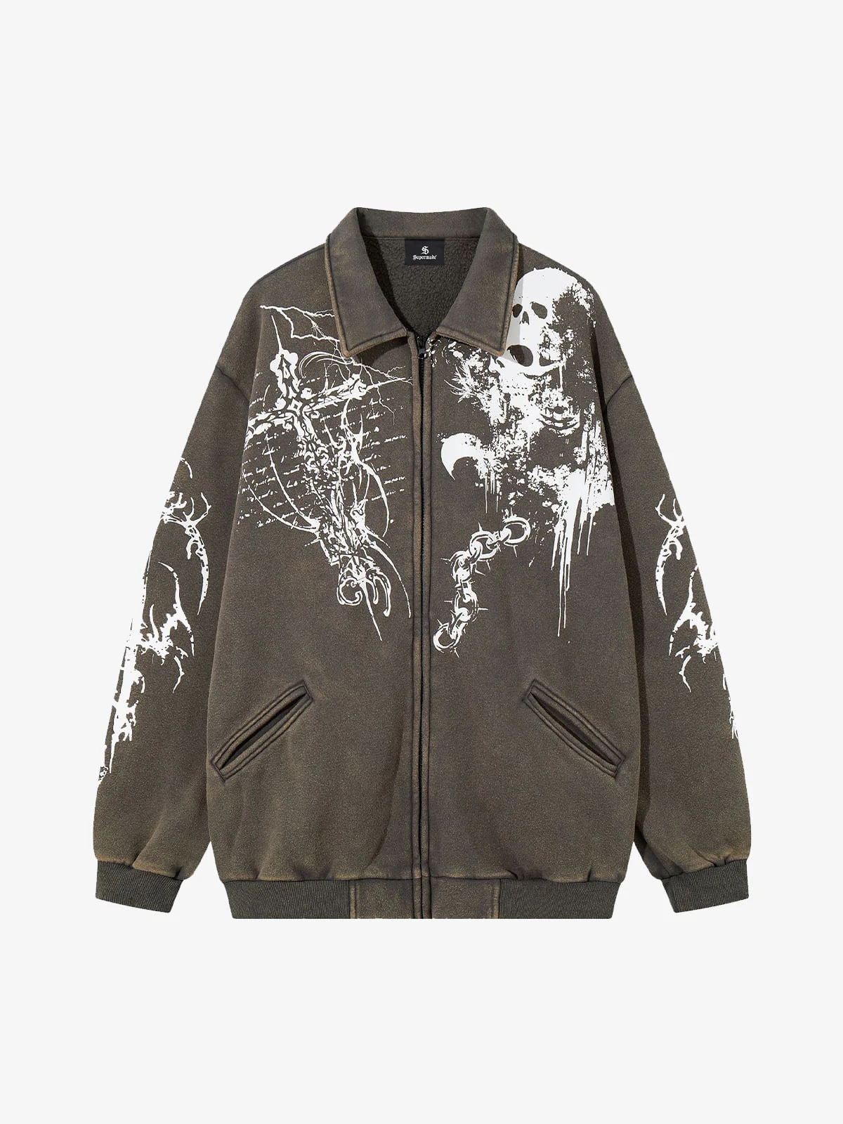 Retro Dark Skull Cross Print Lapel Zipper Jacket