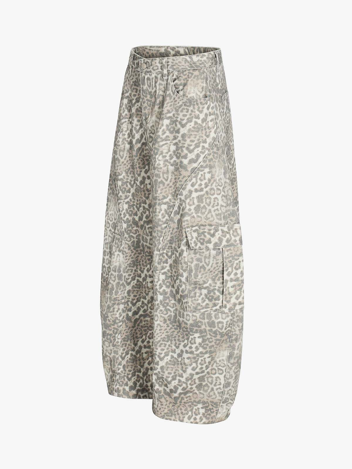 Light Leopard Print Wide-Leg Cargo Barrel Pants