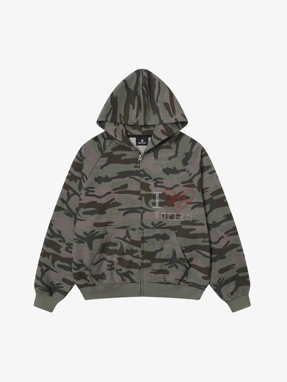 Street Camouflage Rhinestone Letter Zip Up Hoodie