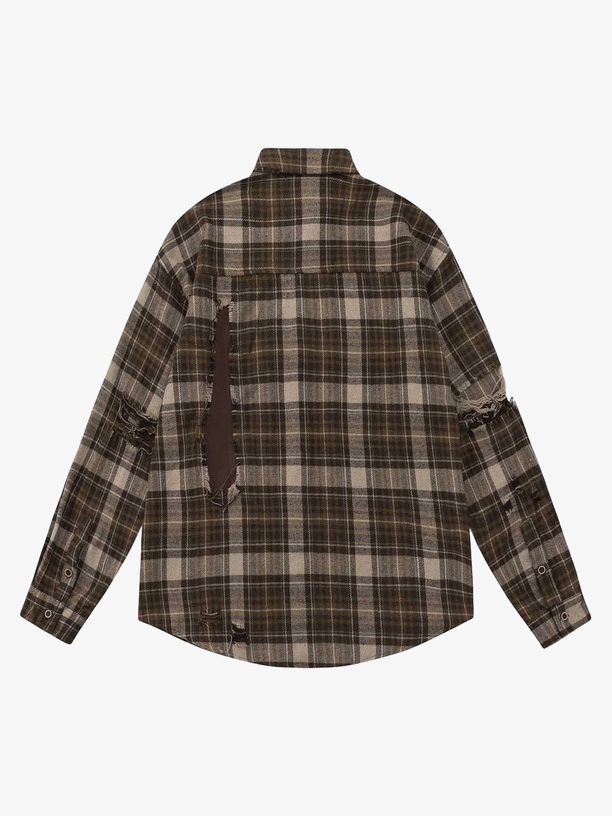 Retro Ripped Patchwork Long Sleeve Plaid Shirt