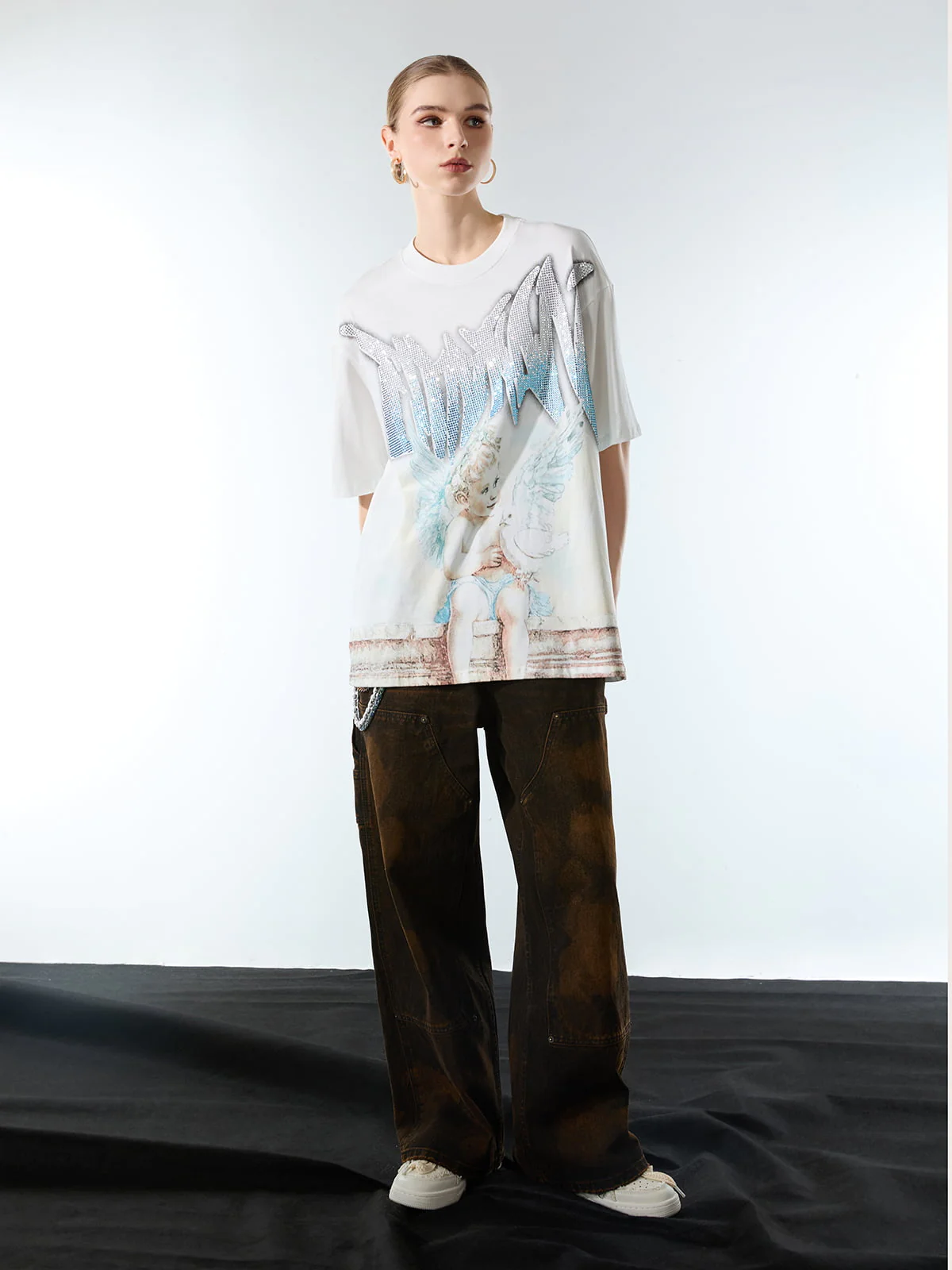 Retro Street Peace Dove Angel Rhinestone T-Shirt