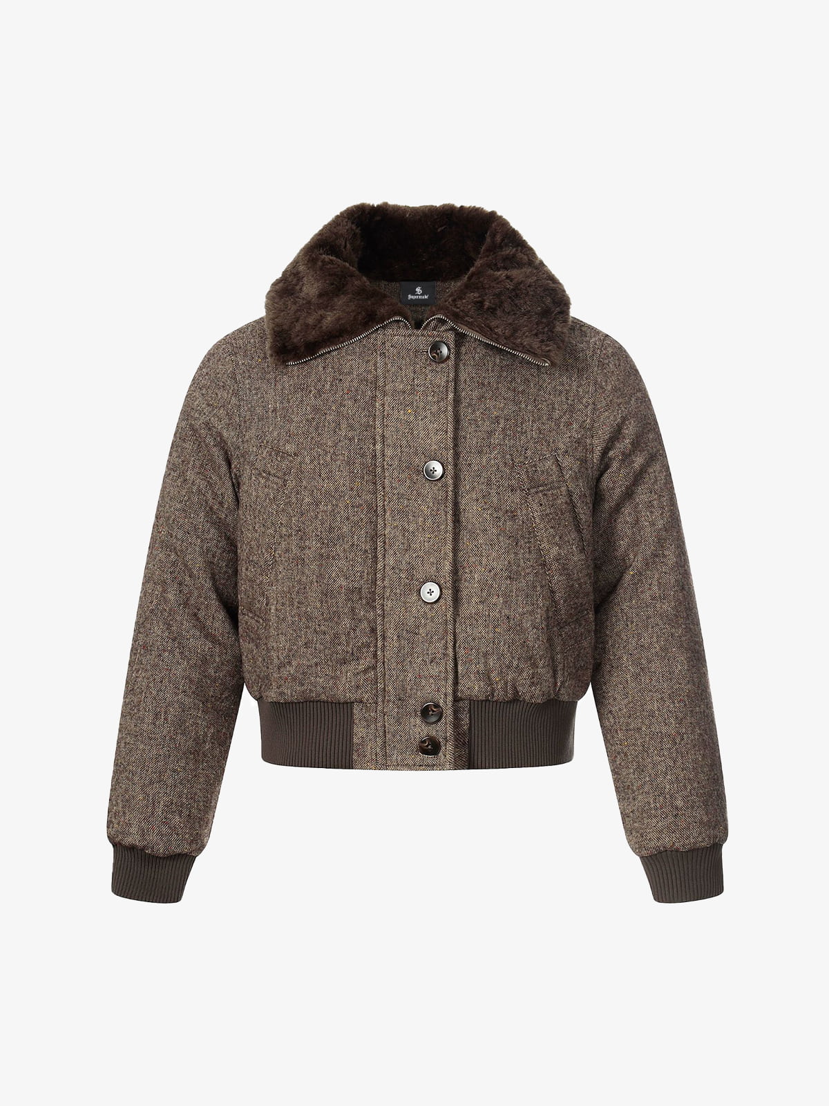 Vintage Tweed Faux Fur Collar Padded Bomber Jacket