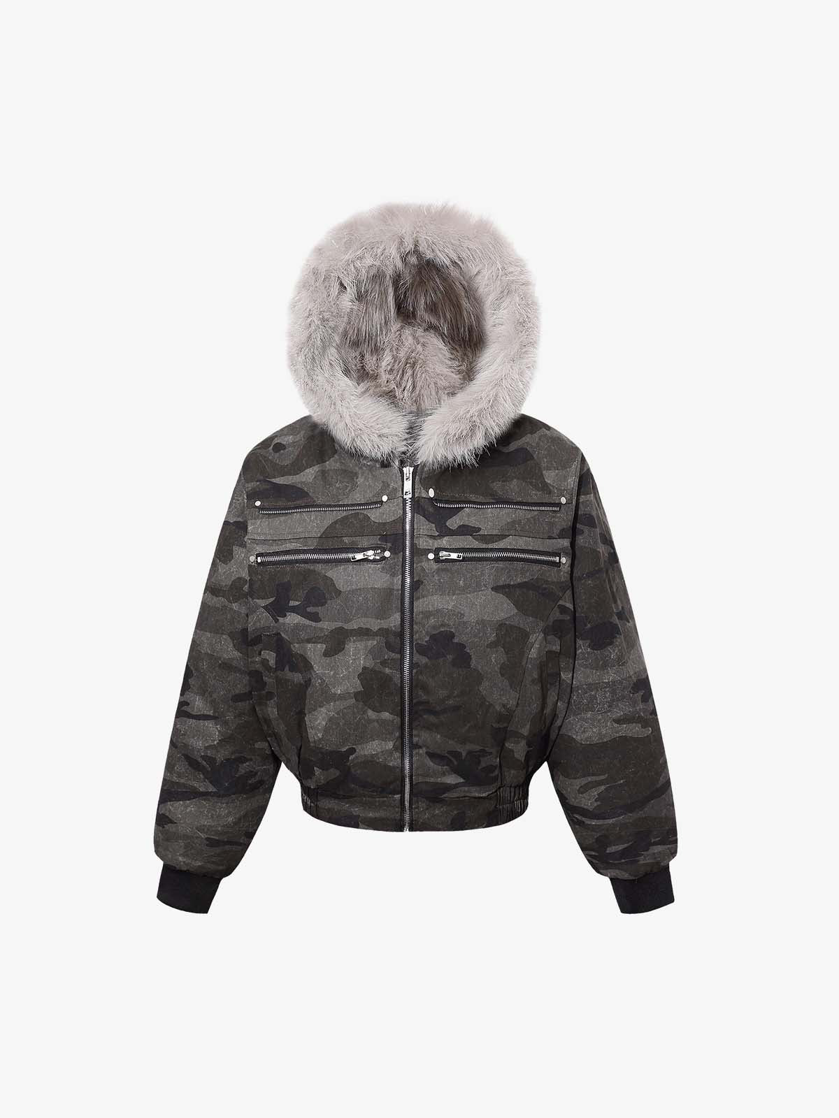 Vintage Camo Faux Fur Hood Padded Bomber Jacket