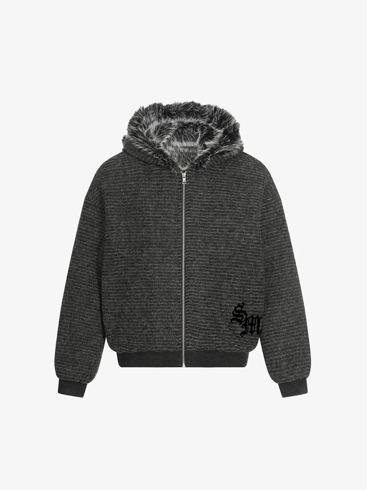 Striped Knit Faux Fur Lined Zip Up Hoodie