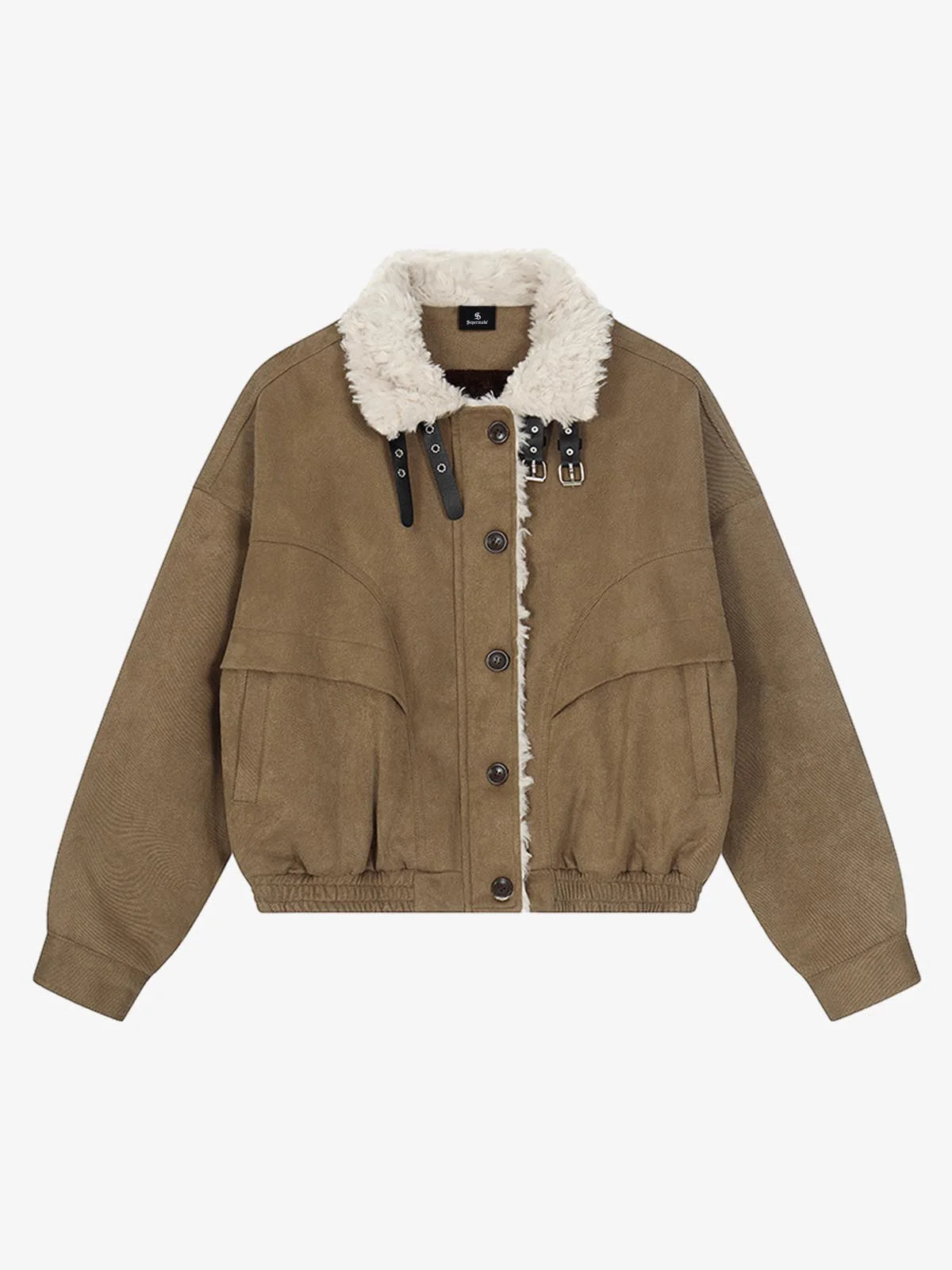 Suede Faux Shearling Collar Buckled Utility Jacket