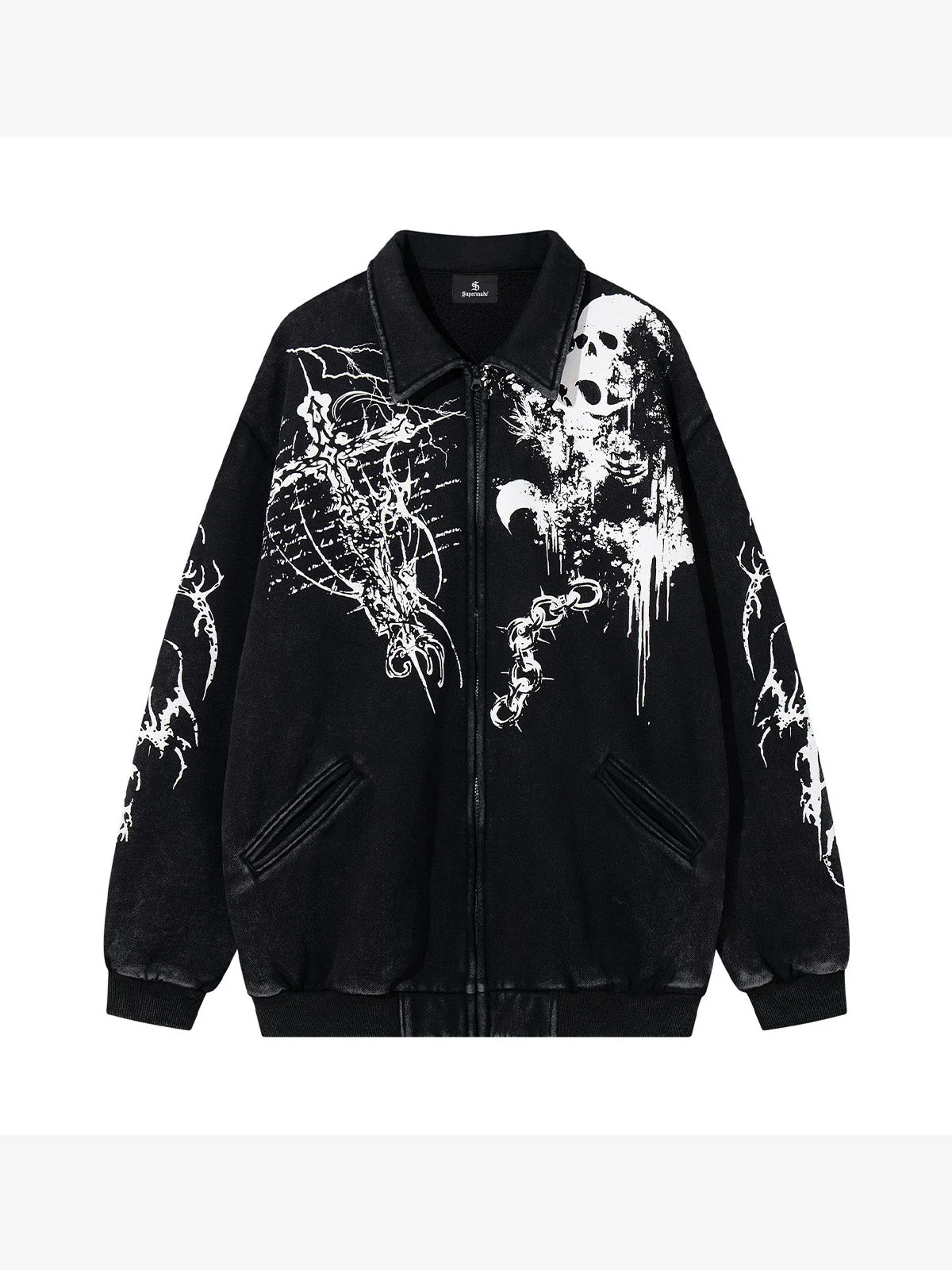 Retro Dark Skull Cross Print Lapel Zipper Jacket