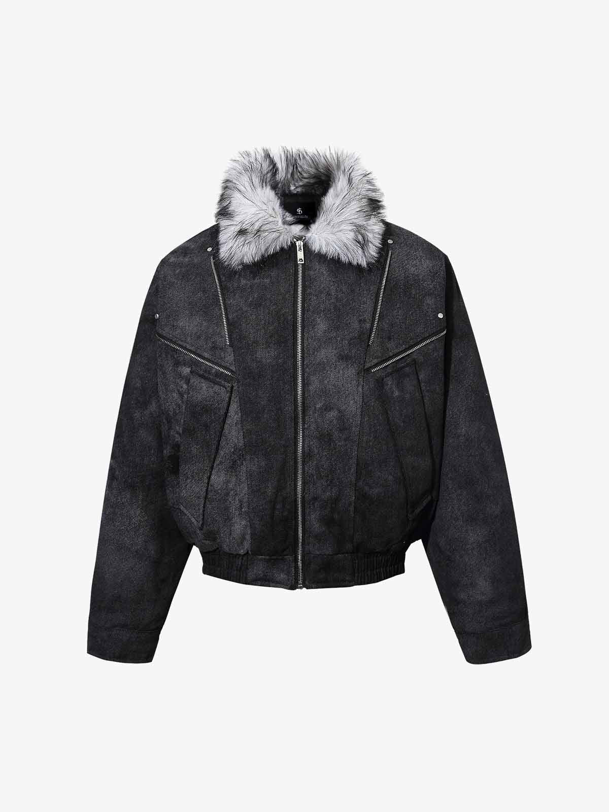 Fur Collar Moto-Style Zip Up Bomber Jacket