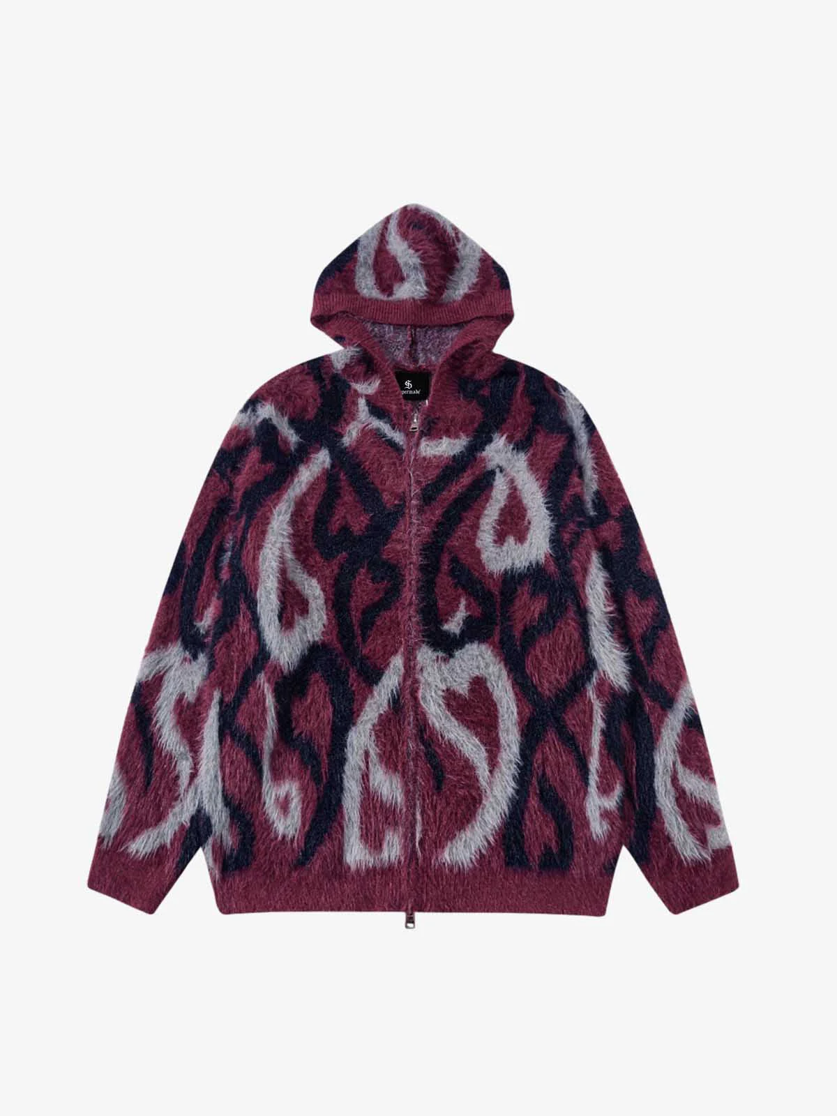 Abstract Pattern Jacquard Hooded Knit Zip Sweater
