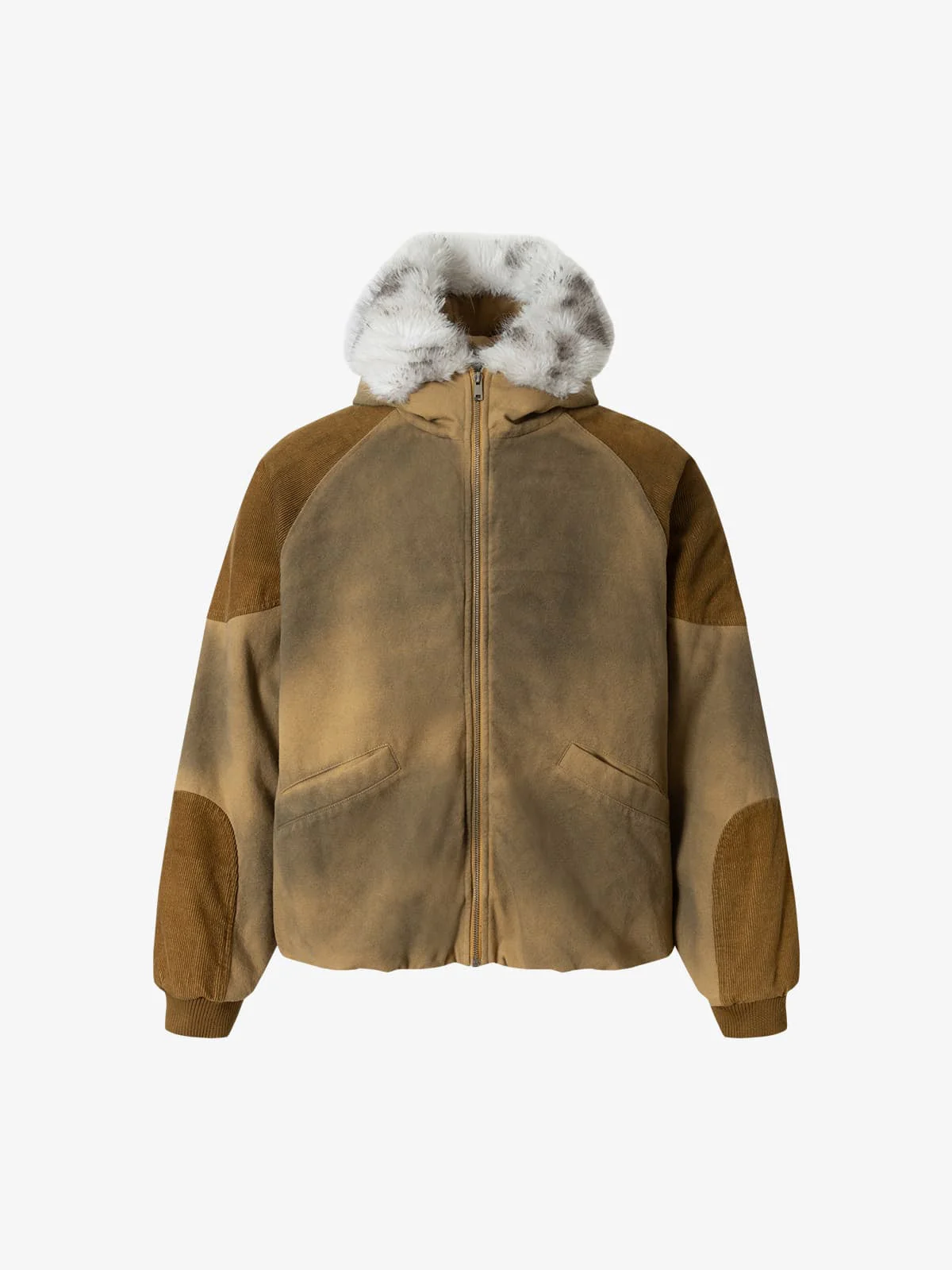 Street Vintage Fog-Dyed Fur Collar Patchwork Hooded Padded Jacket