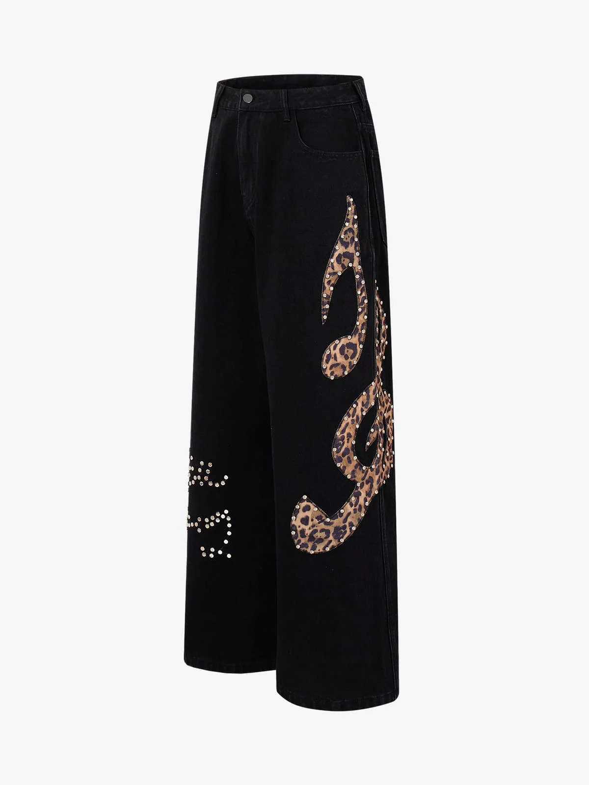 Retro Rhinestone Leopard Patch Music Note Straight Jeans